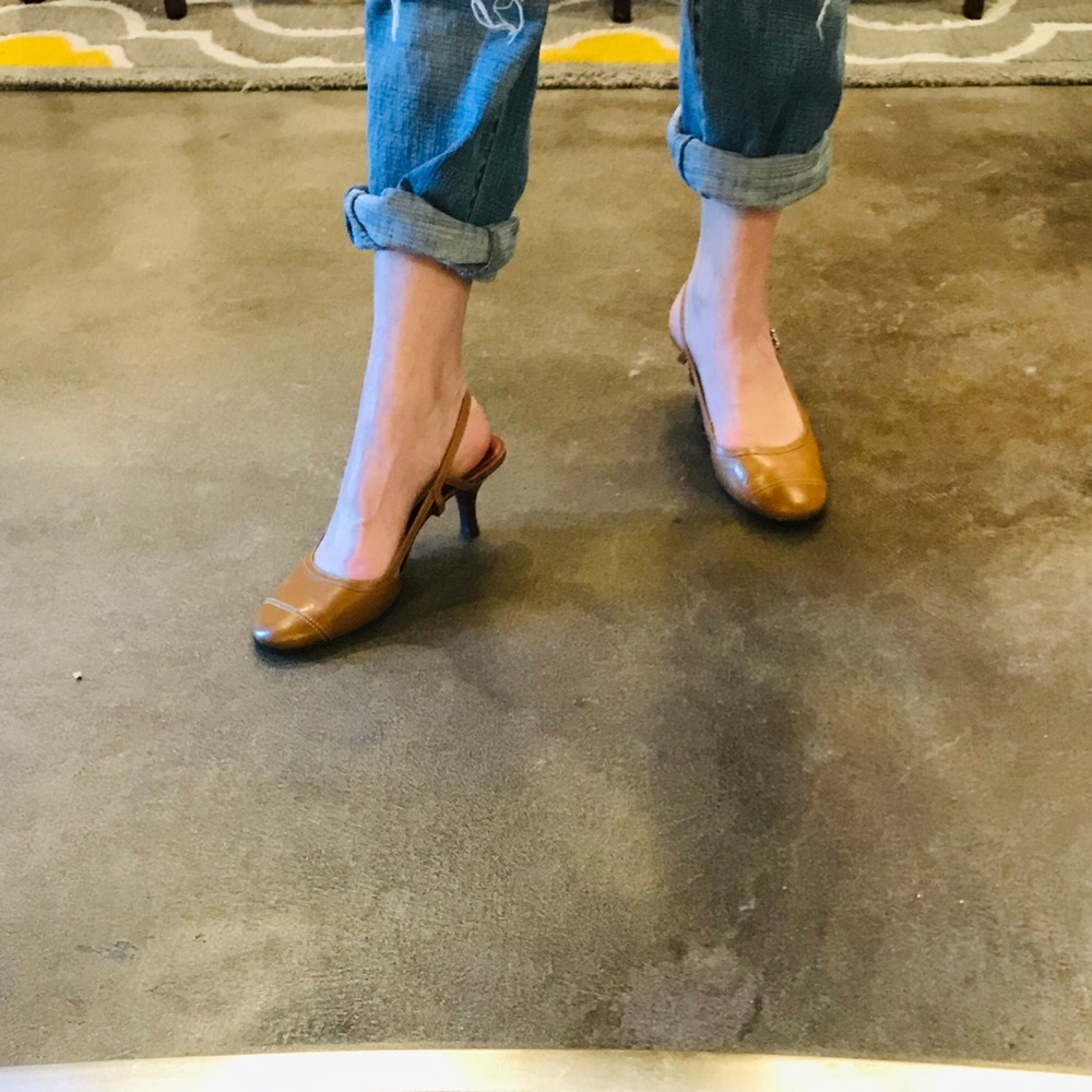 Tan Cole Haan sling back kitten heels